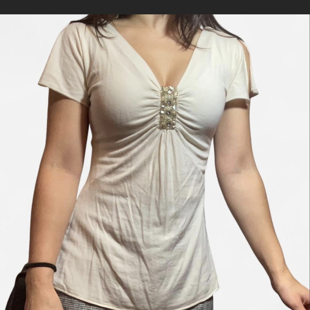 Chic Cream V-Neck Women's Blouse